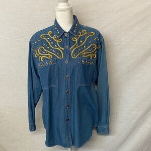Vintage Partners Bedazzled Denim Shirt with Gold Accents